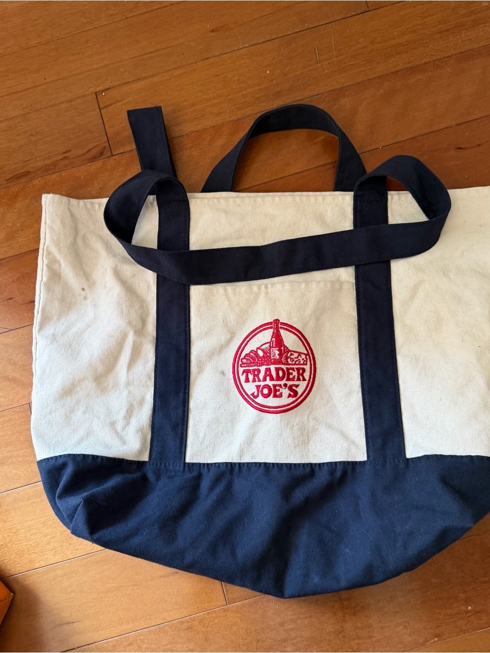 Trader Joe's Canvas Tote Bag blue and cream. Viral tote bag